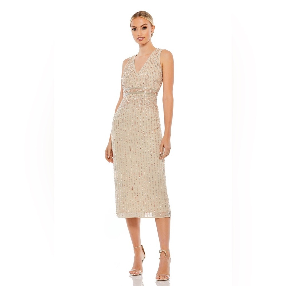 Mac Duggal Champagne Beaded V-Neck Midi Dress